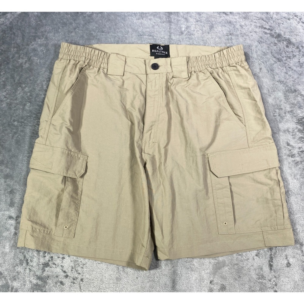 Realtree Fishing Shorts Mens Large 36/38 Beige Cargo Stretch Waist Hiking Gorp